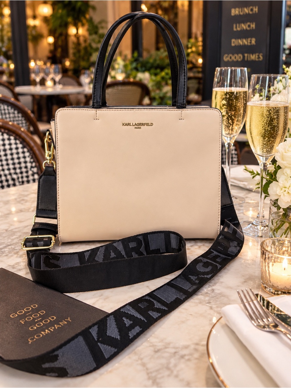 Karl Lagerfeld Maybelle Beige and Black Leather Satchel with Logo Strap